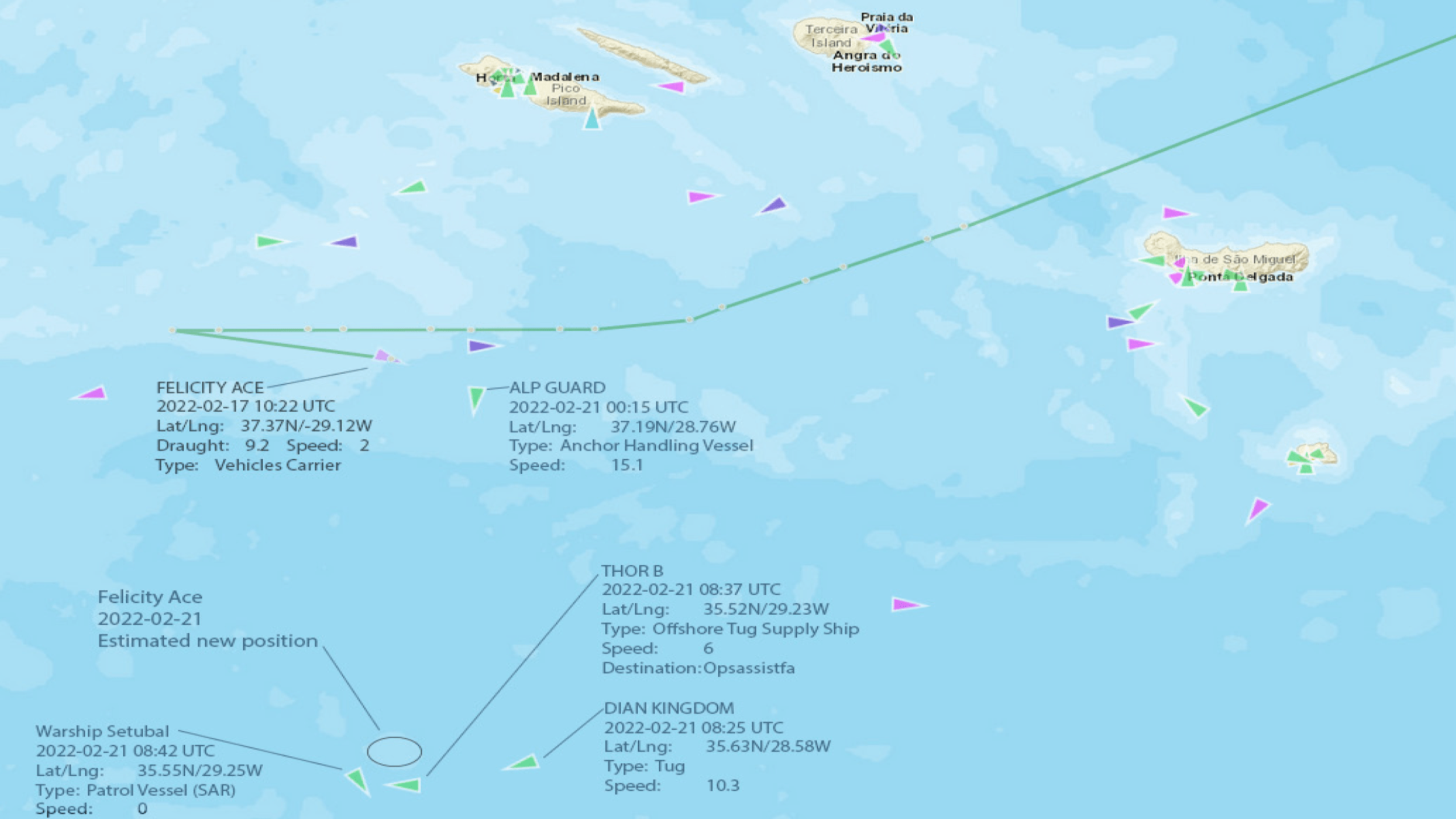 Estimated drifting position of Felicity Ace