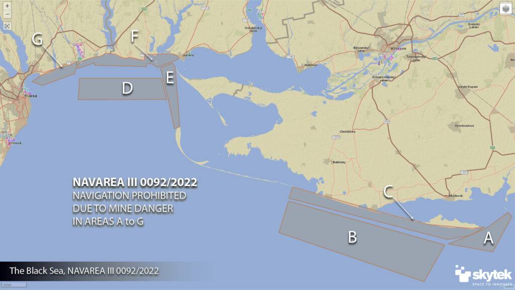 Navigational warning 0092/2022, mapping areas of prohibited navigation due to risk of mines